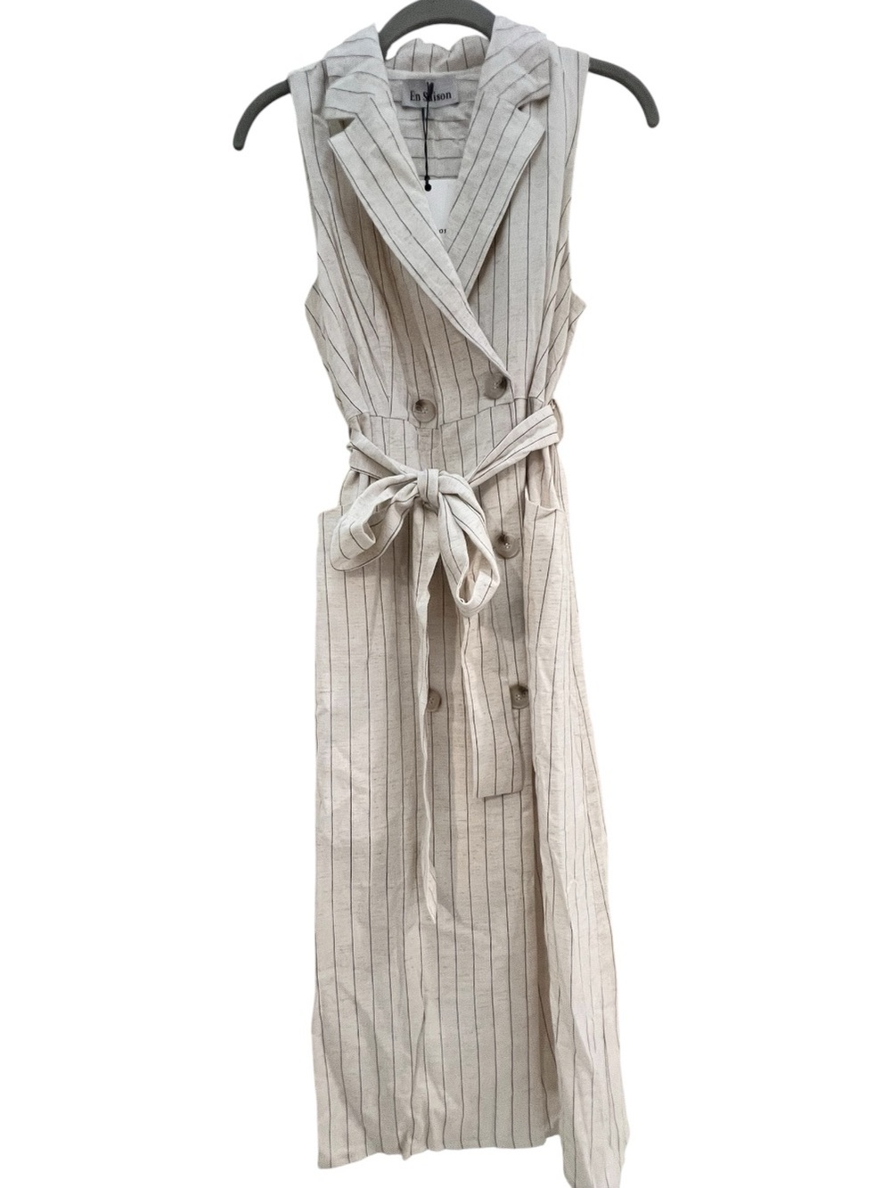 En wSaison Cameron Vest Sleeveless Pinstripe Linen Midi Dress with Belt NWT SM